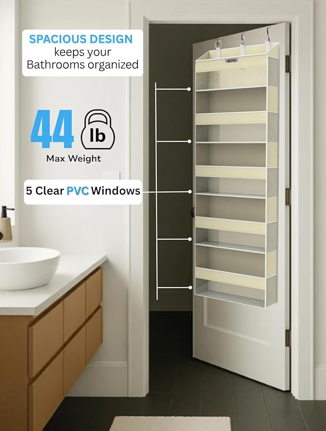 BRENIX Over the Door Organizer with 5 Large Pockets & 10 Mesh Side Pockets – Durable Hanging Storage for Closet, Bathroom, Bedroom, and Nursery– Space Saving Door Storage with Sturdy Metal Hooks.