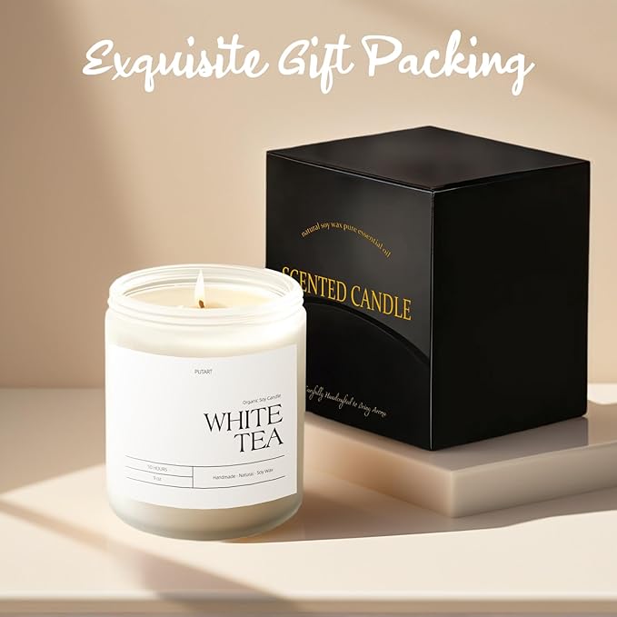 White Tea Candles for Home Scented, Natural Soy Wax Aromatherapy Non Toxic Scented Candle, Handmade Highly Scented & Long Lasting Jar Candle for Stress Relief, Relaxation, Holiday Gifts (9oz)