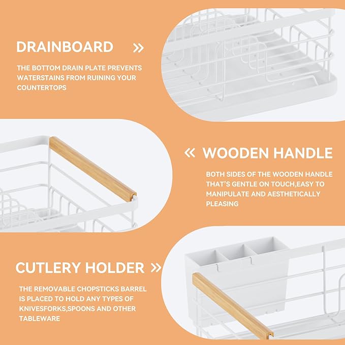 BRIAN & DANY Dish Drying Rack, Dish Racks for Kitchen Counter, Stainless Steel Dish Drainer with Removable Cutlery Holder & Drainboard, White