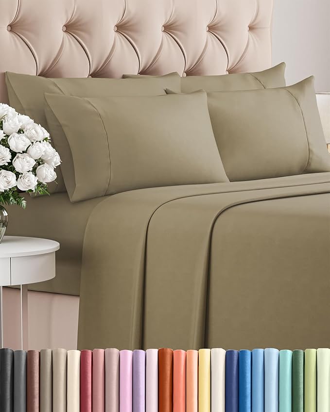 Queen 6 Piece Sheet Set - Comfy Breathable & Cooling - Ultra Soft Hotel Luxury Bedding Set w/ 8-16 Inch Deep Pockets - 1 Flat & 1 Fitted Sheet & 4 Pillowcases - Cozy, Wrinkle Free & Easy Care - Khaki