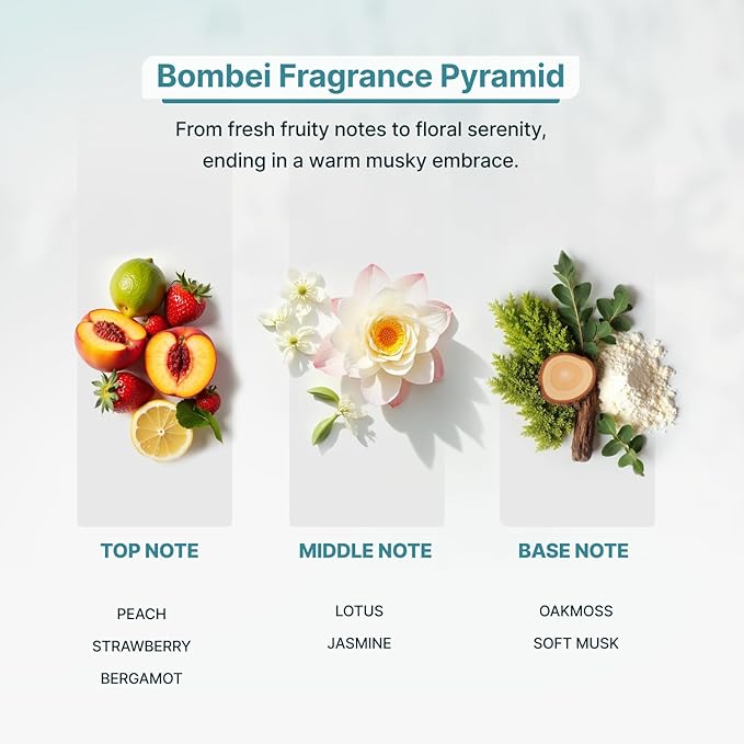 BOMBEI Luxury Essential Oil for Diffusers - Fruity Floral Aromatherapy with Peach, Jasmine & Musk - Elegant Scent for a Sophisticated Home