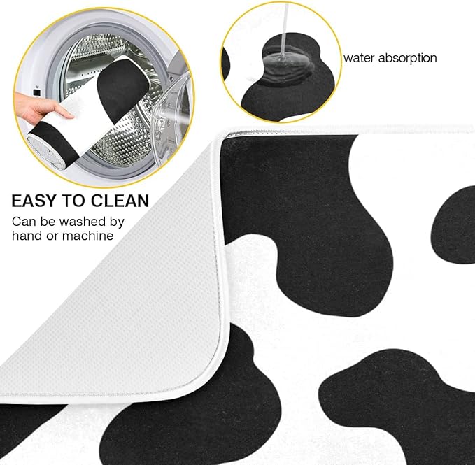 Cow Spots Black and White Dish Drying Mat 16x18 for Kitchen Counter Rustic Farm House Country Style Dishes Pad Absorbent Fast Dry Dish Draining Mats Large Kitchen Accessories