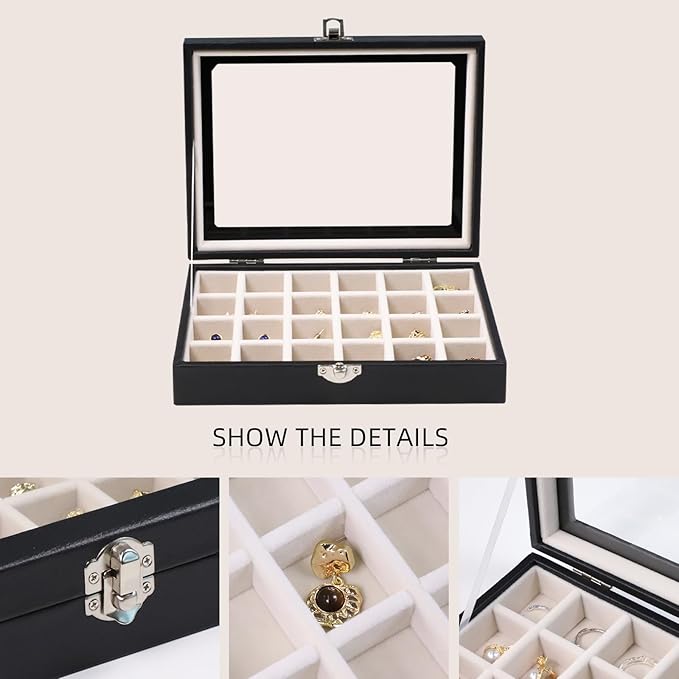 Wudygirl 24 Grid Jewelry Box Velvet Jewelry Organizer with Clear Lid Ring Holder for Drawers Earring Holder Organizer Ring Storage Jewelry Display Case for Women Girls (Beige)