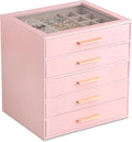 Frebeauty Clear Lid Jewelry Box,5-Layer Jewelry Organizer with Drawer,PU Leather Jewelry Organizers and Storage,Jewelry Boxes for Women,Jewelry Storage for Rings Earring Stud,Gift for Women(Pink)
