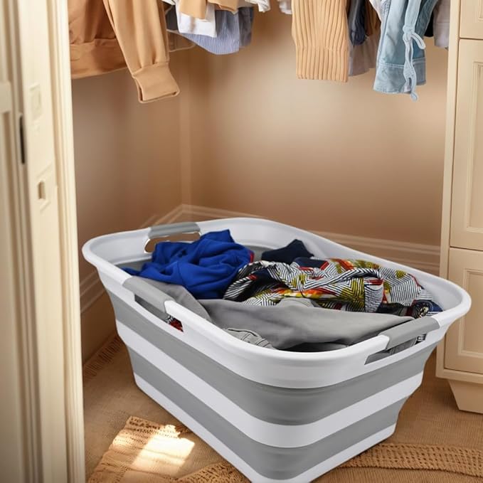 SAMMART 42 (11 Gallons) Collapsible Plastic Laundry Basket, Foldable Pop Up Storage Container/Organizer, Space Saving Hamper, Portable Bin for Dorm Room Bathroom (2, White/Grey)