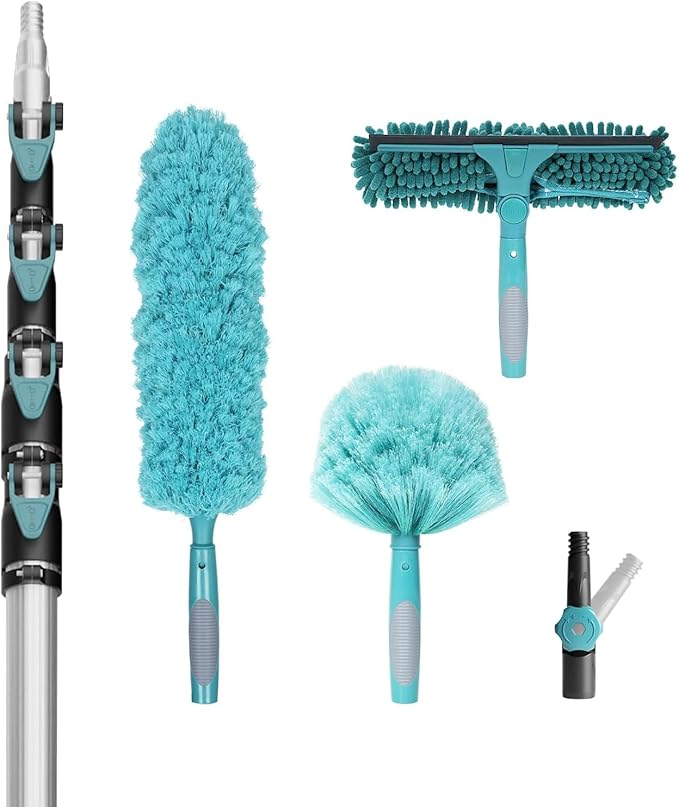 TelesPro 30 Foot High-Reach Duster Kit with 6-24FT Extendable Pole - High Ceiling Duster Cleaning Kit with Telescopic Pole,Cobweb Duster, Window Squeegee, Microfiber Feather Duster