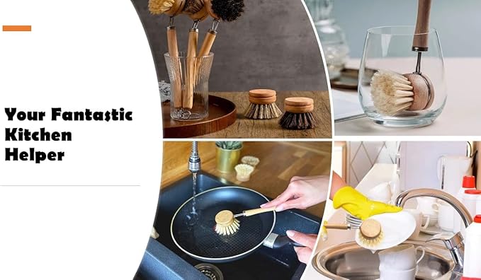 SUPRNN Bamboo Dish Brush with Handle, 1 Sturdy Wooden Handle with 3 Natural Bristle Heads, Horsehair, Sisal, Palm - All Purpose Kitchen Scrubber, Bamboo Wok Brush, Fruit and Veggie Scrubber