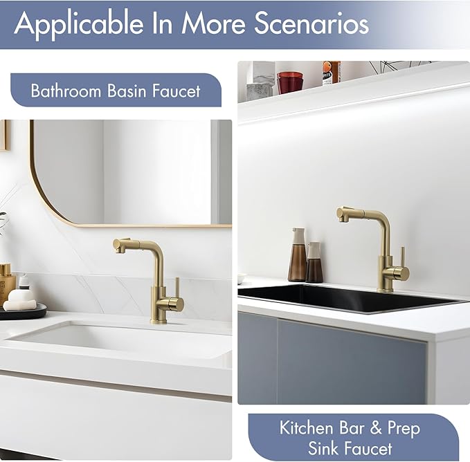 GIMILI Modern Bar Sink Faucet for Kitchen Sink Single Handle with Pull Out Sprayer Hot and Cold Prep Sink Faucet Brushed Gold