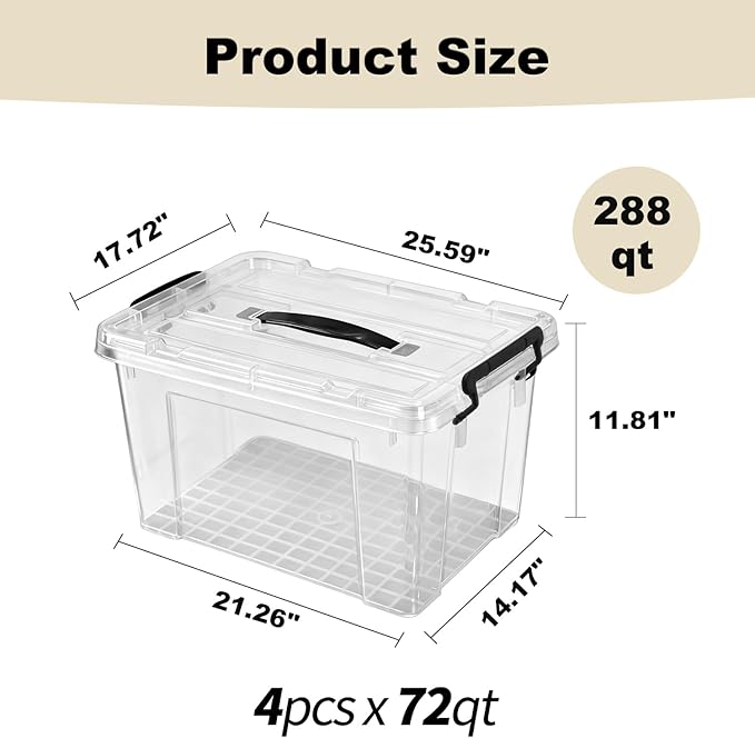 4 Pack Clear Storage Bins with Lids, 72 Qt-Stackable Plastic Organizer for Home, Office, Garage, BPA-Free, Heavy-Duty, See-Through Containers with Secure Latches & Handles