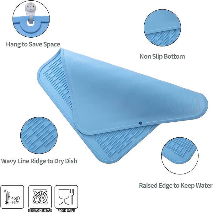 MicoYang Silicone Dish Drying Mat for Multiple Usage,Easy clean,Eco-friendly,Heat-resistant Silicone Mat for Kitchen Counter or Sink,Refrigerator or Drawer Liner Light Blue XL 18 inches x 16 inches
