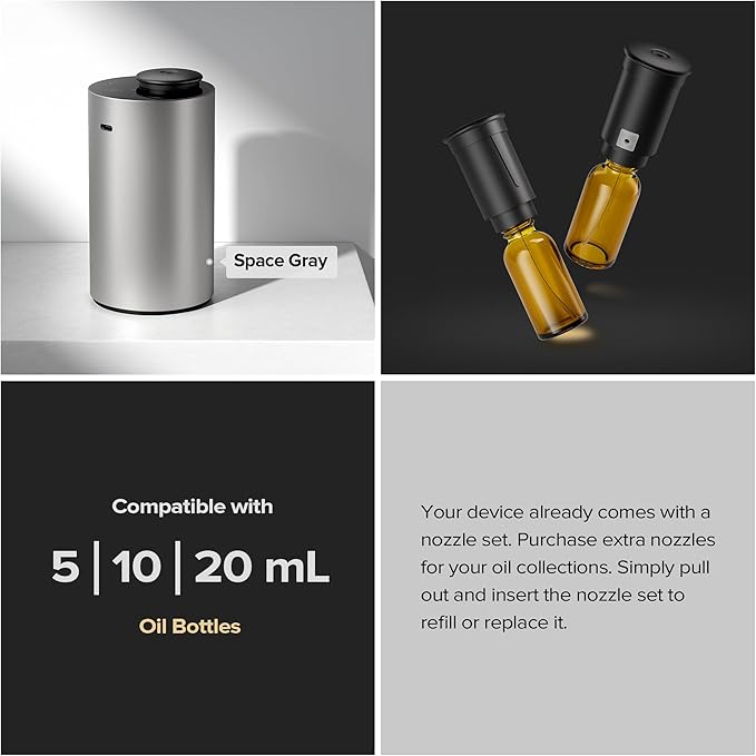 Airversa Waterless Essential Oil Diffuser Starter Kit with 2x20mL Hotel Fragrance Oils for Car Home Office,Premium Aluminum Housing, Up to 600 sq ft, Aroma Nebulizer Baterry Operated, ANX Kit-3 Black