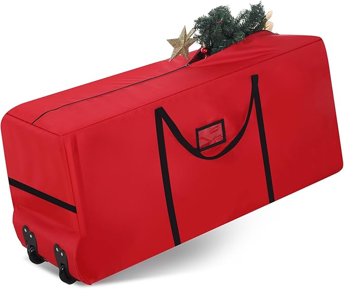 7.5 Ft Heavy Duty Christmas Tree Storage Bag 900d Oxford Fabric with Wheels and Reinforced Handles, Durable Xmas Storage Box for Disassembled Holiday Tree (7.5 ft,Red)