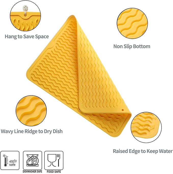 MicoYang Silicone Dish Drying Mat for Multiple Usage,Easy clean,Eco-friendly,Heat-resistant Silicone Mat for Kitchen Counter or Sink,Refrigerator or drawer liner Yellow L 16 inches x 12 inches
