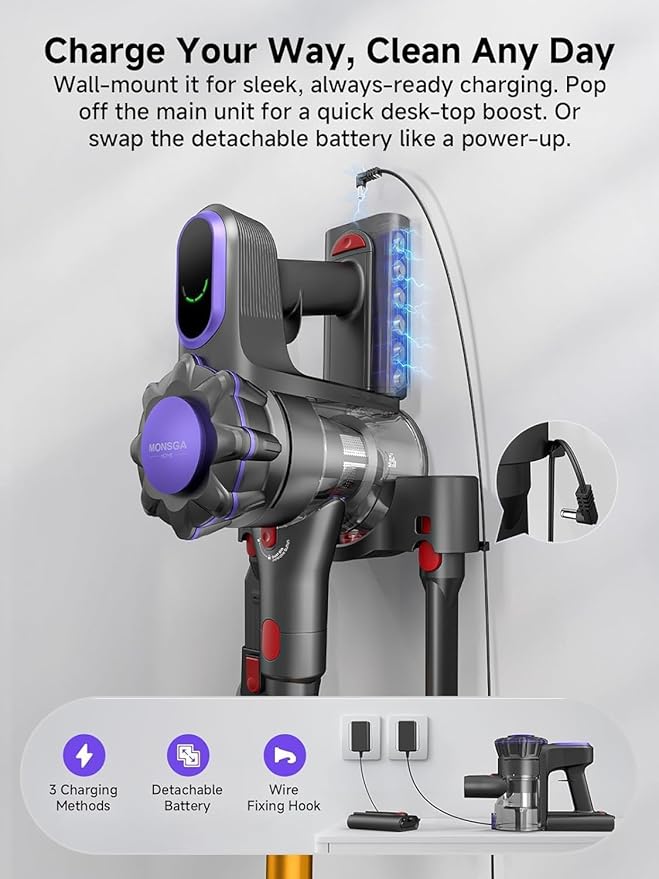 MONSGA Cordless Vacuum Cleaner, 45KPa 400W Stick Vacuum for Home, 50Mins Anti-Tangled Vacuum Cleaner with Charging Dock, Light-Weighted Handheld Vacuum for Pet Hair/Carpet/Floor (Gold&Purple)