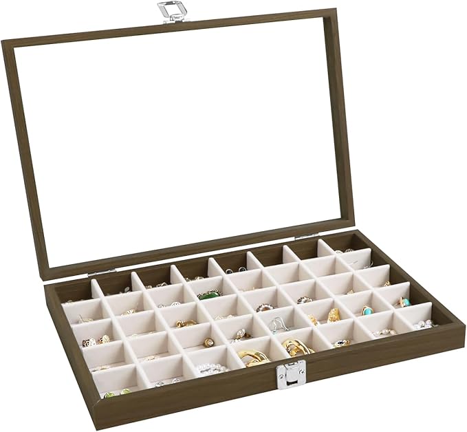 Wudygirl Wooden Jewelry Box 40 Grid Jewelry Organizer Jewelry Tray with Lid Vintage Earring Holder Organizer Jewelry Display for Rings Earrings Bracelets Adjustable Divider (Beige 40 Grid)