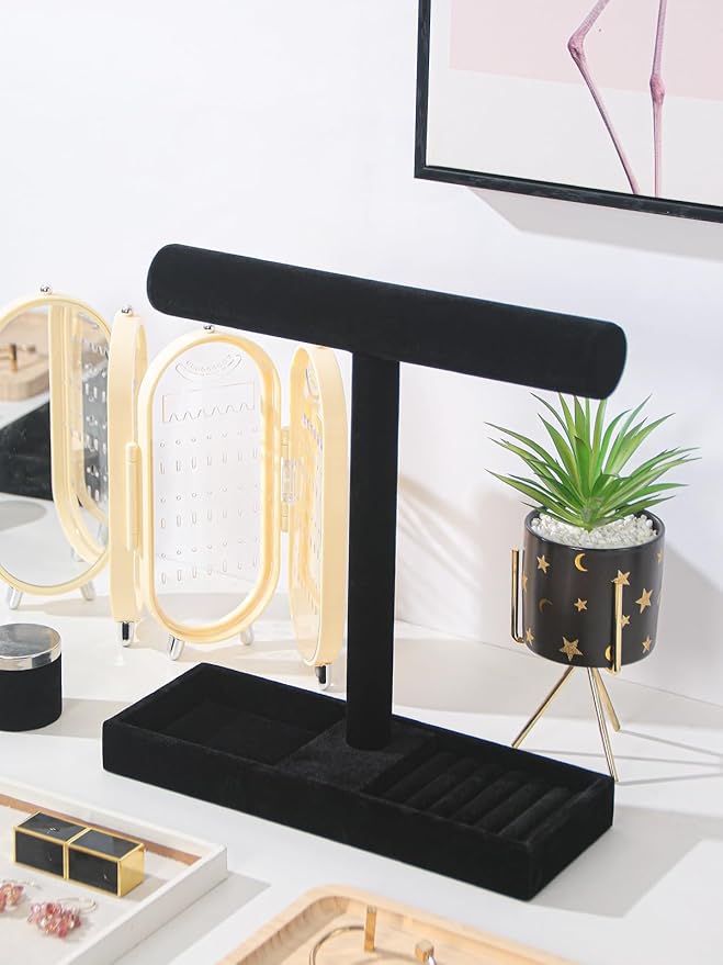 Justsoso Multi-Use Jewelry Holder Stand, Necklace Bracelet Ring Organizer Stand, Scrunchie Watches Velvet Jewelry Holder Stand With Tray for Women Home Use(Black Color)