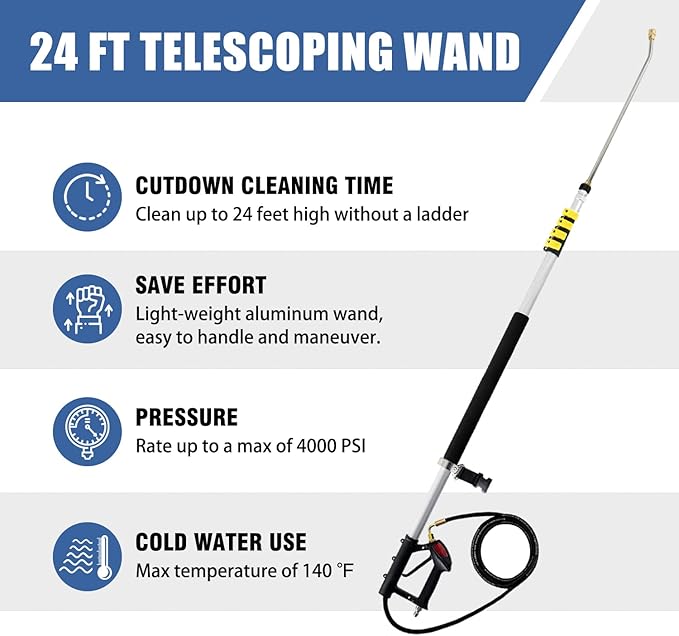 janz Aluminum 24 FT Telescoping Pressure Washer Wand with Pressure Washer Extension Wand,Gutter Cleaner Attachment, 5 Spray Nozzle Tips, 2 Hose Inlet Adapters and Support Harness
