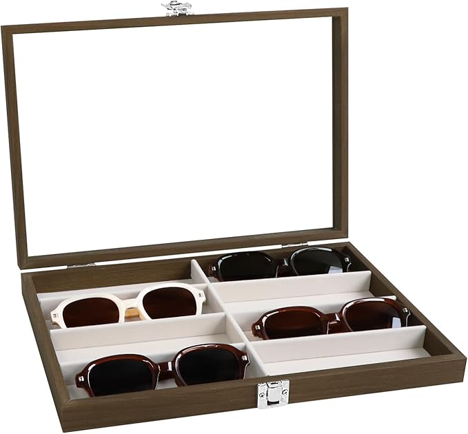 Wudygirl Sunglasses Organizer 8 Slot Jewelry Organizer Tray Vintage Jewelry Box Wooden Glasses Organizer with Lid Watches Display Jewelry Tray for Women (Beige 8 Grid