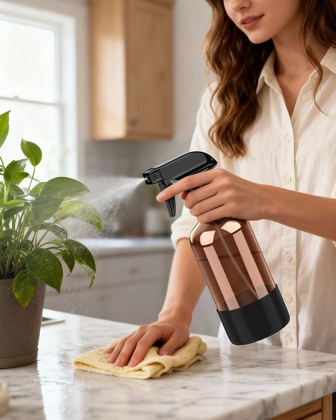 Bontip Amber Glass Spray Bottle with Silicone Sleeve Protection, 16 oz Refillable Spray Bottle for Cleaning Solutions, Plants, Aromatherapy, Facial Hydration (Black Sleeve(Amber Bottle)