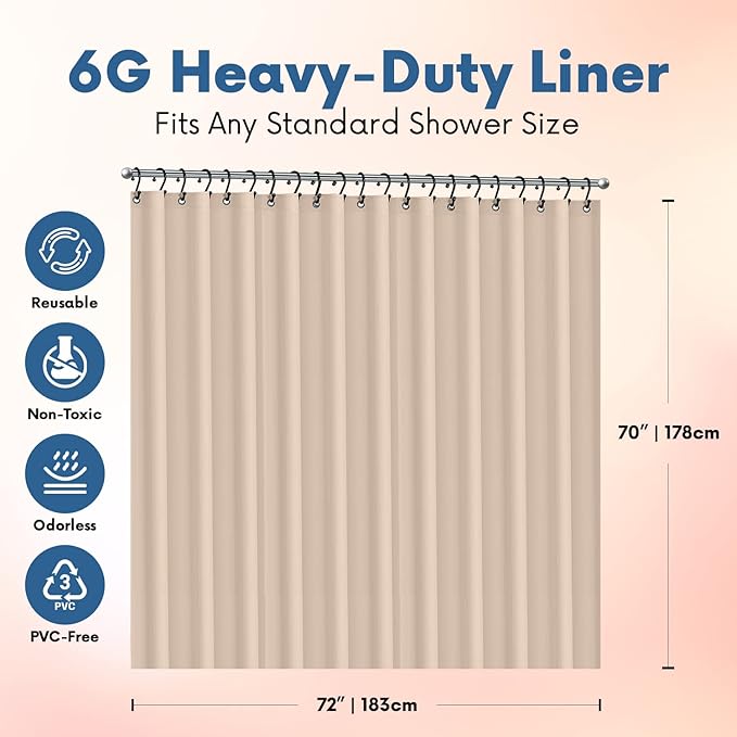 Italian Collection Premium Shower Curtain Liner, 72" W X 72" H - 6G PEVA Shower Curtain with 12 Rust Proof Grommets and Magnet-Weighted Bottom Hem - Moisture Stain Proof Shower Curtain Liner - Beige