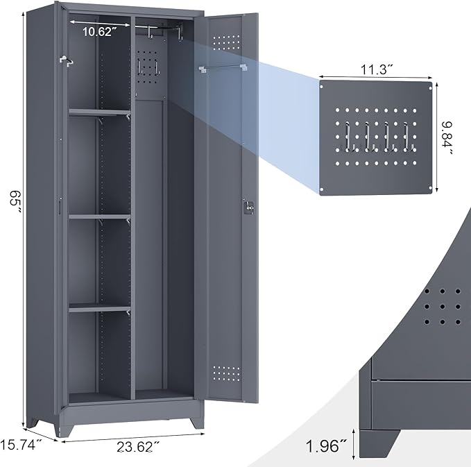 65" H Metal Garage Storage Cabinet,Broom Closet Storage Cabinet with Adjust Shelves,Utility Cabinet,Utility Closet for Garage,Gray-White
