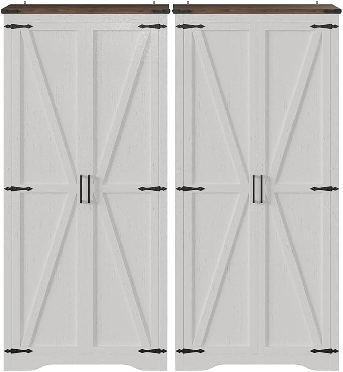 Set of 2 Farmhouse Storage Cabinet with Adjustable Shelves, Large Pantry Organize with 2 Barn Doors, Freestanding Cabinet for Kitchen, Garage, Basement, Living, Utility Room, Off-White