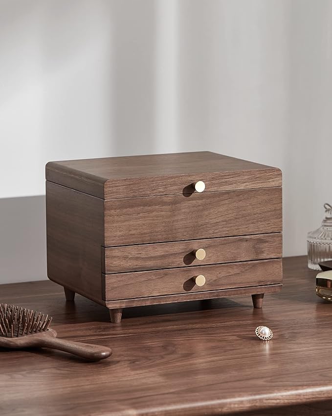 Wooden Jewelry Box, 3 Layer Large Jewelry Organizer for Women, Jewelry Storage, for Necklaces Rings Earring Watches Bracelets, Black Walnut Wood, Valentine's Day Gift