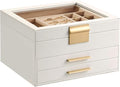 Jewelry Box Organizer for Women,3 Layers PU Leather Jewelry Storage Display Box with Glass Lid,Gift for people,3 Drawers,Large Capacity for Necklace Earrings Bracelets Rings,White