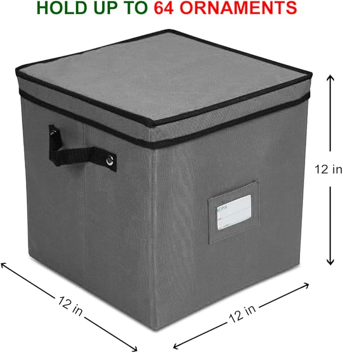 ProPik Christmas Ornament Storage Box, 4 Tier Holds Up to 64 Holiday Ornaments Decoration Balls, Storage Container with Dividers, Made with Durable 600D Oxford Polyester Material (Gray)