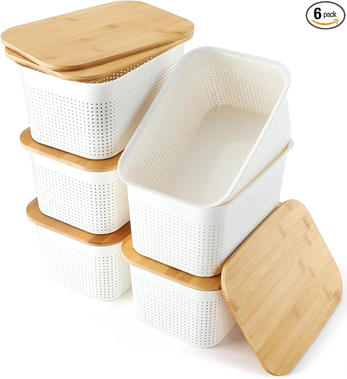 AREYZIN Plastic Storage Bins with Bamboo lids and Stackable Storage Baskets for Shelves - Organize Your Home or Office with These Space-Saving Storage Solution,6 Pack,White