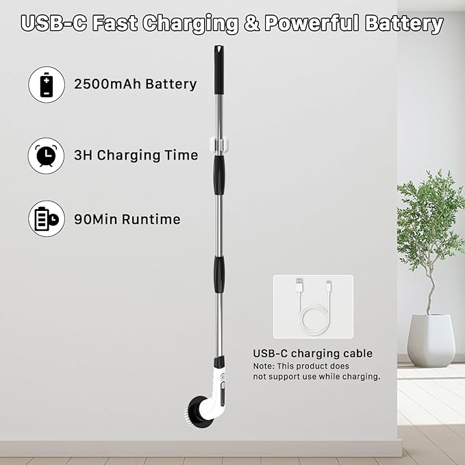 Electric Spin Scrubber, Cordless Cleaning Brush, Shower Scrubber with 7 Replaceable Brush, 2 Speeds and Adjustable Extension Handle for Bathroom Shower Bathtub Glass Car(White)