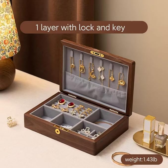 Bescott 1 Layer Solid Black Walnut Wooden Jewelry Box for Women with Lock and Key Wood Vintage Organizer for Men Earrings Rings Necklaces Bracelet Storage Mother's Day Gift