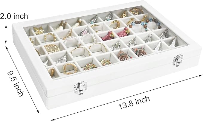 Velvet Jewelry Tray 48 Grid Jewelry Display Tray Organizer Box with Transparent Lid Rings Earrings Necklaces Pendants Display Box Suitable for Women and Girls (Ivory)