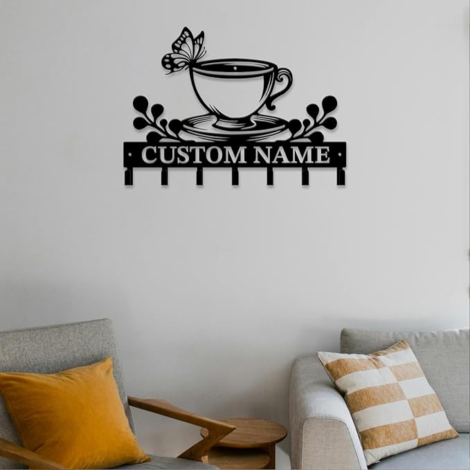 Personalized Custom Name Coffee Bar Wall Keys Hooks,Metal Coffee Shop Art Clothes Hooks,Metal Coffee Lover Wall Home Storage Decorative,For Front Door, Hallway, Kitchen, Bedroom,Keys,Hats (Style B)