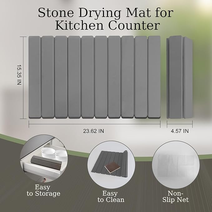 Hopegiver Stone Drying Mat for Kitchen Counter, 24"x16" Dark Gray Quick Drying Stone Mat, Super Absorbent Diatomaceous Earth Dish Drying Mat for Counter, Collapsible Design with Sanding Tools
