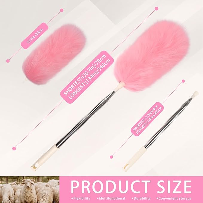 iHUFeather Extendable Lambswool Duster Stainless Steel Handle 133" Removable Feather Duster for Cleaning Ceiling Fans Interior Roof Furniture, Pink