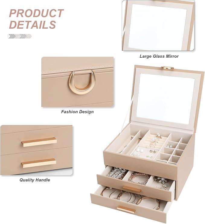 Leather Jewelry Box Premium 3-Layer Jewelry Case with Mirror - Scratch-Resistant Storage for Earrings, Rings, Necklaces, Ideal Gift for Women Apricot