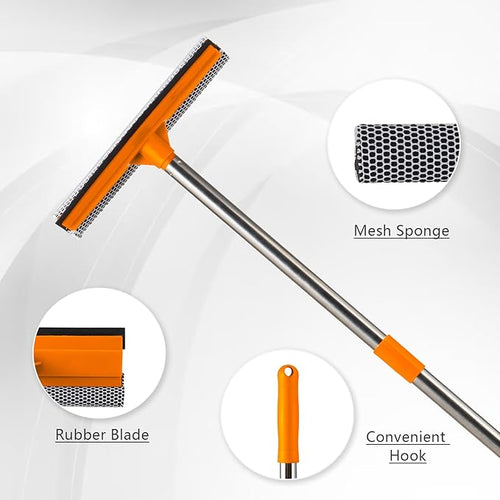 2 in 1 Window Squeegee for Home,15.9" Car Window Cleaner with Long Stainless Steel Handle,Sponge Car Squeegee for Gas Station, Glass,Shower,Outdoor High Window Cleaning