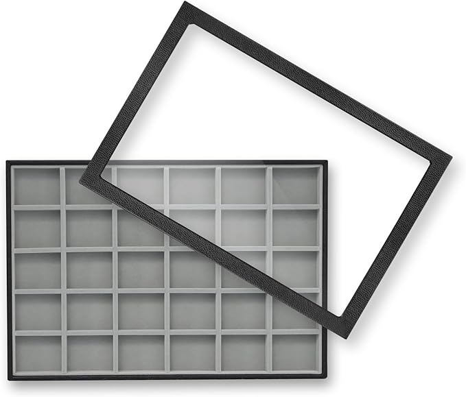 Wudygirl Jewelry Organizer 30 Grid Jewelry Tray with Lid Earring Holder Organizer for Women Ring Earring Bracelet Holder Storage (Pu Black Gray)