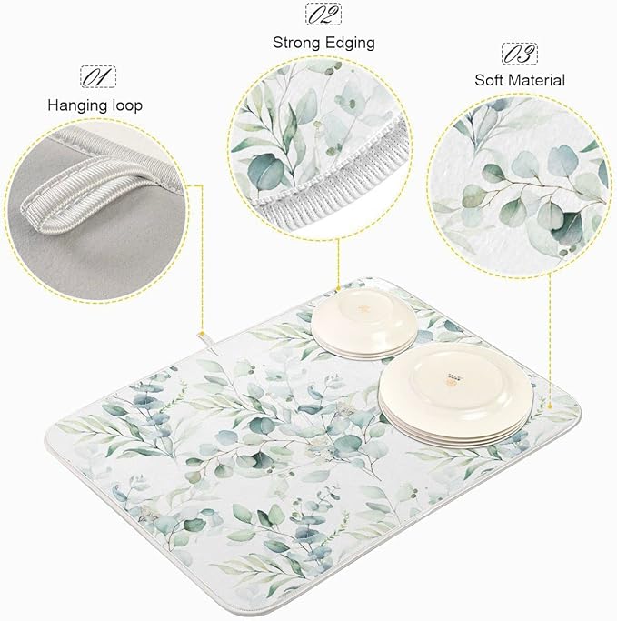 Green Leaves Dish Drying Mat for Kitchen Counter Herb Plant White Drying Mats Super Absorbent Reversible Microfiber Kitchen Countertop Protector Dishes Pad Large 18x24 inch