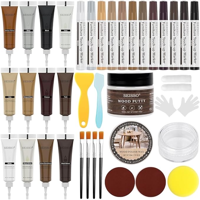 SEISSO Wood Furniture Repair Kit, 12 Colors Wood Fillers&Touch Up Markers, Wood Putty with Polish Wax, Wood Repairing Kit of Stains, Scratches, Holes, Cracks(40 PCs)