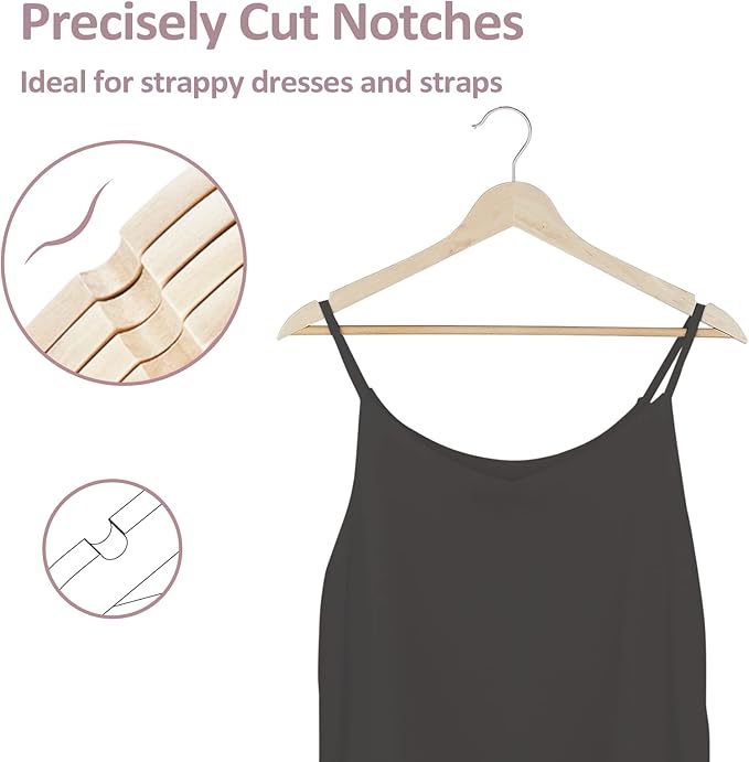 Solid Wood Hangers - 30 Pack with 360 Swivel Chrome Hook, Smooth Finish & Precisely Cut Notches, Slim Wooden Coat Hangers for Closet, Natural