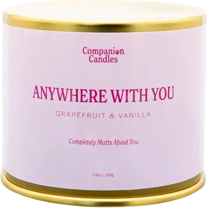 Companion Candles Pet-Friendly Wood Wick Candle - “Anywhere with You” Grapefruit & Vanilla, Coconut Soy Wax Scented, Over 50 Hr Burn Time, Non-Toxic, Women-Owned, Made in USA (11.8 oz.)