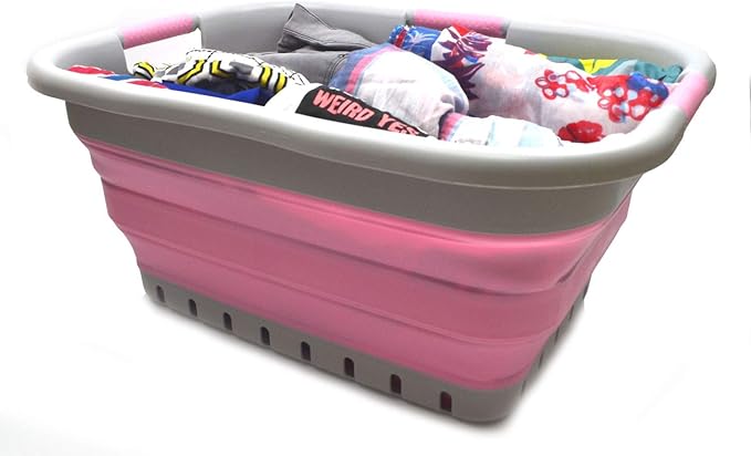 SAMMART 41L (10.8 gallon) Set of 2 Collapsible 3 Handled Plastic Laundry Basket-Foldable Pop Up Storage Container/Organizer-Space Saving Hamper/Basket (2, Grey/Pink)