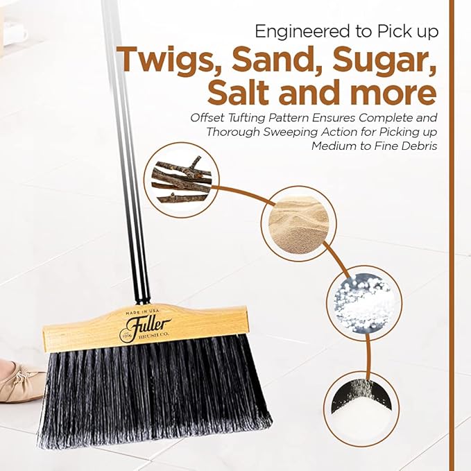 Fuller Brush 12-Inch Maple Wood Broom with 2 Piece Black Steel Threaded Handle for Indoor and Outdoor Cleaning on Hard Floors, Tile, Concrete, and Garage Surfaces