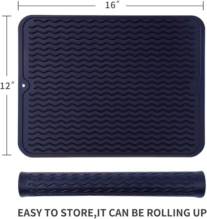 MicoYang Silicone Dish Drying Mat for Multiple Usage,Easy clean,Eco-friendly,Heat-resistant Silicone Mat for Kitchen Counter or Sink,Refrigerator or drawer liner Navy Blue L 16 inches x 12 inches