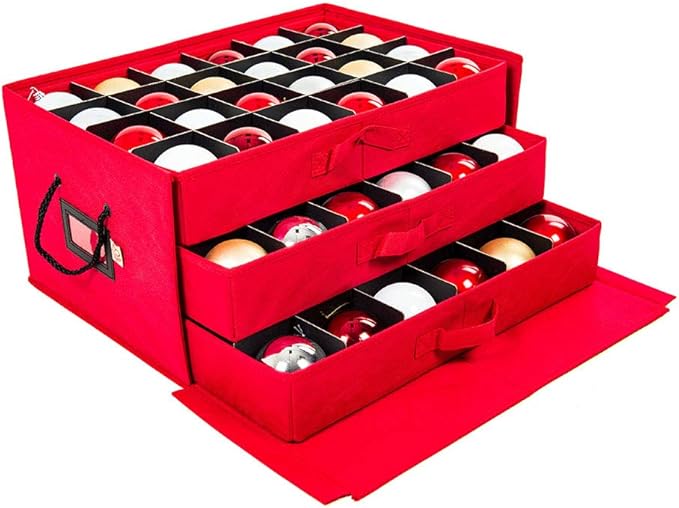 Santa's Bags [Christmas Ornament Storage Box with Dividers] - (Holds 72 Ornaments up to 3 Inches in Diameter) | Acid-Free Removable Trays with Separators | 3 Removable Drawer Style Trays