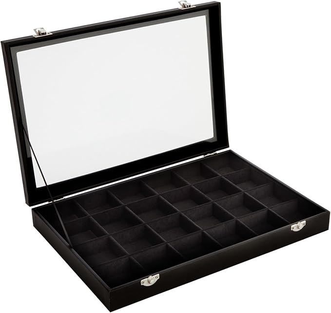 Juvale Black Velvet Jewelry Display Tray Organizer Case - Jewelry Display for Vendors w/Glass Cover - 24 Slot Tray with Removable Grids - Crystal & Rock Collection Box - Black 14 x 9.5 x2 in