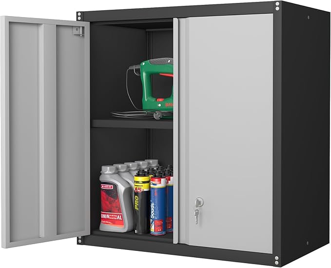 Metal Storage Cabinet, 28" Wall Mount Storage Cabinets with Locking Doors and Shelf, Metal Garage Tool Storage Cabinets for Laundry Room, Kitchen, Pantry