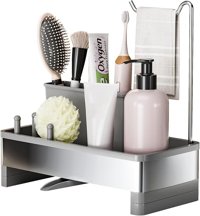 Ewaiira Stainless Steel Sink Caddy, Sponge Holder for Kitchen Sink with Brush Holder & Dishcloth Rack, Rustproof Sink Organizer Countertop, Kitchen Organizers Storage Essentials (F-Gray)